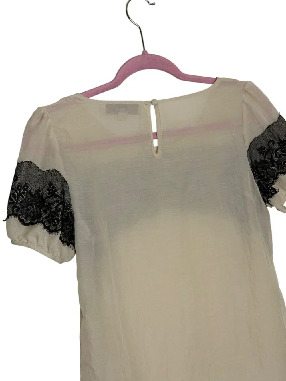 Loft Blouse Top Shirt Lace Embellished Puff Sleeve Natural Black XS